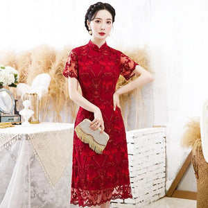 Embroidery Flower Vintage Button Slim Qipao Oversize Casual Female Chinese Chongsam Sexy Purple Dresses Lace Perspectve Vestidos