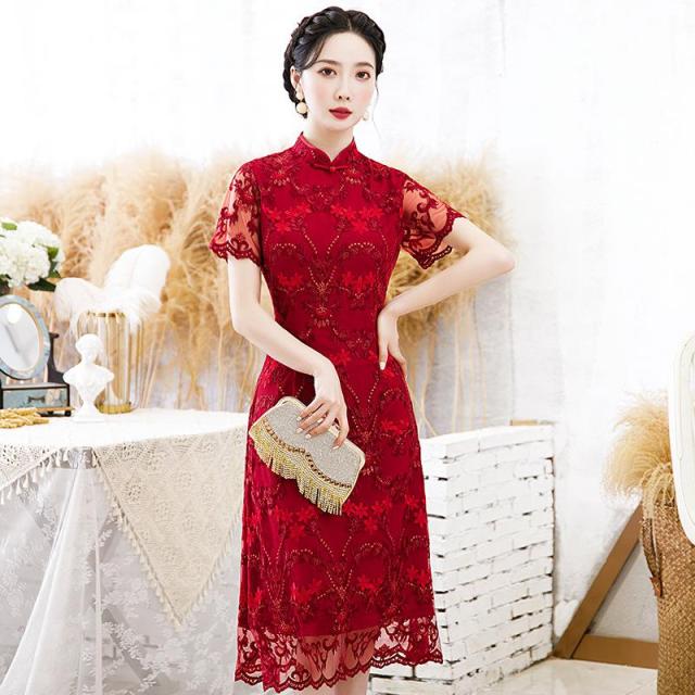 Embroidery Flower Vintage Button Slim Qipao Oversize Casual Female Chinese Chongsam Sexy Purple Dresses Lace Perspectve Vestidos