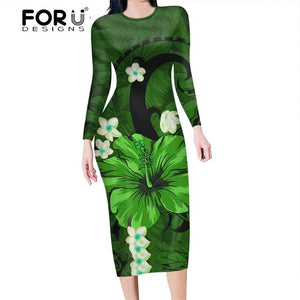 FORUDESIGNS Fashion Autumn Women Slim Pencil Dress Polynesian Hawaii Hibiscus Purple  Plus Size Midi Bodycon Dresses for Female