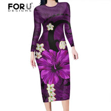 Load image into Gallery viewer, FORUDESIGNS Fashion Autumn Women Slim Pencil Dress Polynesian Hawaii Hibiscus Purple  Plus Size Midi Bodycon Dresses for Female
