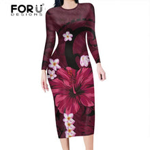 Load image into Gallery viewer, FORUDESIGNS Fashion Autumn Women Slim Pencil Dress Polynesian Hawaii Hibiscus Purple  Plus Size Midi Bodycon Dresses for Female
