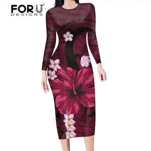 FORUDESIGNS Fashion Autumn Women Slim Pencil Dress Polynesian Hawaii Hibiscus Purple  Plus Size Midi Bodycon Dresses for Female