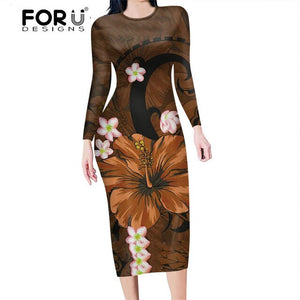 FORUDESIGNS Fashion Autumn Women Slim Pencil Dress Polynesian Hawaii Hibiscus Purple  Plus Size Midi Bodycon Dresses for Female