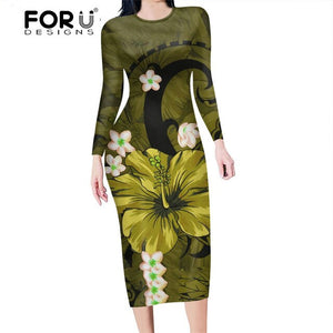 FORUDESIGNS Fashion Autumn Women Slim Pencil Dress Polynesian Hawaii Hibiscus Purple  Plus Size Midi Bodycon Dresses for Female