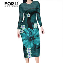 Load image into Gallery viewer, FORUDESIGNS Fashion Autumn Women Slim Pencil Dress Polynesian Hawaii Hibiscus Purple  Plus Size Midi Bodycon Dresses for Female
