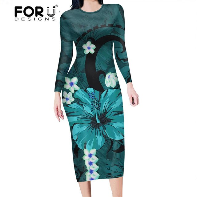 FORUDESIGNS Fashion Autumn Women Slim Pencil Dress Polynesian Hawaii Hibiscus Purple  Plus Size Midi Bodycon Dresses for Female