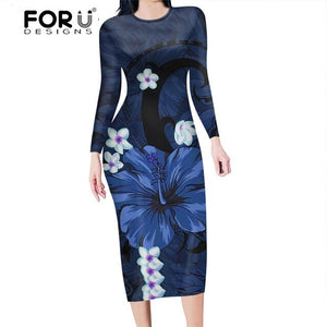 FORUDESIGNS Fashion Autumn Women Slim Pencil Dress Polynesian Hawaii Hibiscus Purple  Plus Size Midi Bodycon Dresses for Female