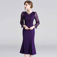 Load image into Gallery viewer, JSXDHK Fashion Autumn Winter Women Dress Casual Dress O-neck Embroidery Fashion Elegant Purple Lace Slim fit Mid-Calf Dress
