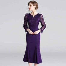 Load image into Gallery viewer, JSXDHK Fashion Autumn Winter Women Dress Casual Dress O-neck Embroidery Fashion Elegant Purple Lace Slim fit Mid-Calf Dress
