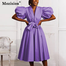 Load image into Gallery viewer, Mozision Purple Ruffle Lantern Sleeve Midi Dress Women Autumn Big Size V Neck Lace-up Pleated Elegant Party A-line Dresses
