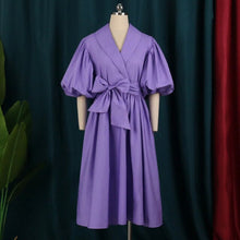 Load image into Gallery viewer, Mozision Purple Ruffle Lantern Sleeve Midi Dress Women Autumn Big Size V Neck Lace-up Pleated Elegant Party A-line Dresses
