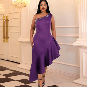 Sexy Women's Dresses One-Shoulder Stitching Beading Irregular Purple Ruffles Slim Dresses Vestidos Fiesta Noche Largos Elegantes