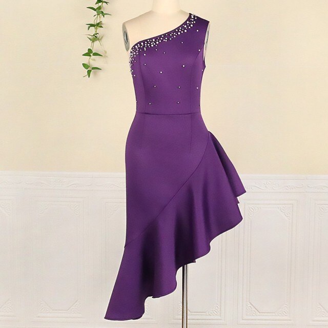 Sexy Women's Dresses One-Shoulder Stitching Beading Irregular Purple Ruffles Slim Dresses Vestidos Fiesta Noche Largos Elegantes
