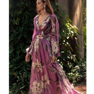 Lugentolo Summer Dress Women V-neck Long Sleeve Print Large Swing Type Empire Casual Fashion Purple Womens Dresses