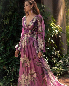 Lugentolo Summer Dress Women V-neck Long Sleeve Print Large Swing Type Empire Casual Fashion Purple Womens Dresses