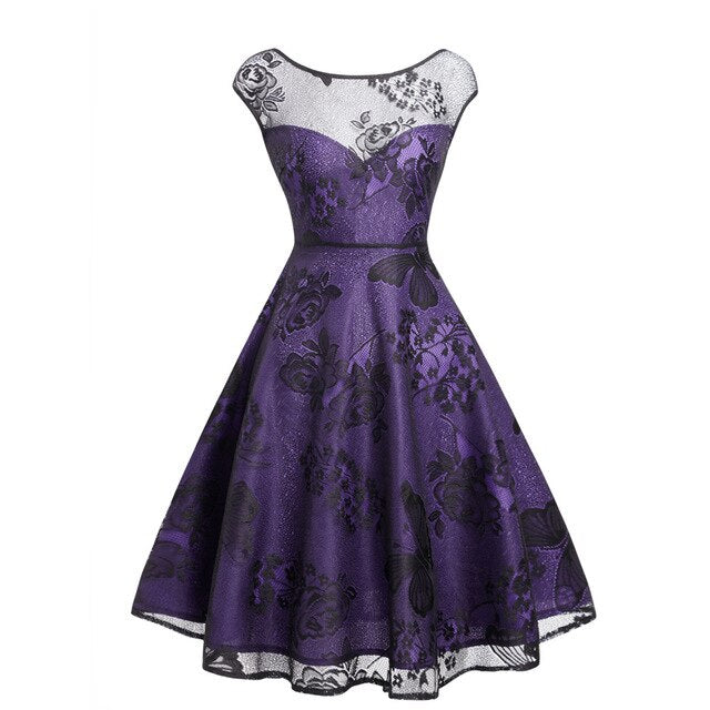Summer Women Dress Butterfly Lace purple Portrait Casual Office Ladies Work Dresses Retro Elegance Vestidos