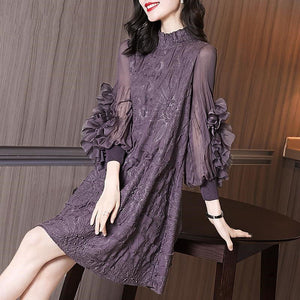 Fold Dress Female 2021 Spring Autumn Women Fashion Heavy Industries of Embroidery Beaded Loose Thin Purple A-line Dresses Y617