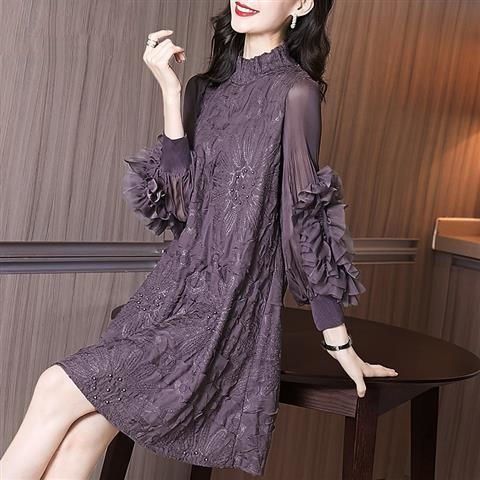 Fold Dress Female 2021 Spring Autumn Women Fashion Heavy Industries of Embroidery Beaded Loose Thin Purple A-line Dresses Y617