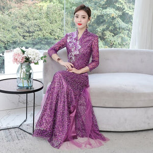 noble mesh dress women dresses sexy party Dress 2020 temperament purple long V-neck dress wedding clothes evening dresses long