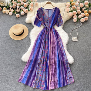 Summer Short Sleeve Maxi Dress Women  V-neck Loose Purple Retro Print Big Swing Boho Dress New 2021 Travel A-line Dress