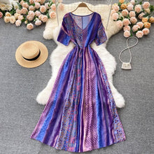 Load image into Gallery viewer, Summer Short Sleeve Maxi Dress Women  V-neck Loose Purple Retro Print Big Swing Boho Dress New 2021 Travel A-line Dress
