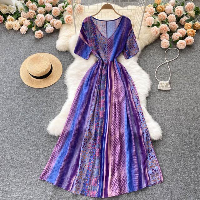 Summer Short Sleeve Maxi Dress Women  V-neck Loose Purple Retro Print Big Swing Boho Dress New 2021 Travel A-line Dress