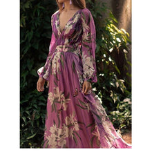 Load image into Gallery viewer, Flower Print Purple Long Dress Fairy Thin Long-sleeved Vestido Midi Elegant Bohemian Chiffon V-neck Large Hem Women Dresses
