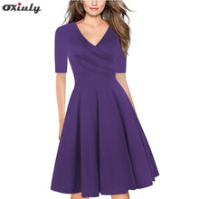 Load image into Gallery viewer, Spring Pure Blue Purple Ruffle V Neck Dress Half Sleeve Knee Length Office Ladies Casual Work A-Line Pleated Dresses Vestidos
