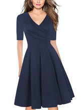 Load image into Gallery viewer, Spring Pure Blue Purple Ruffle V Neck Dress Half Sleeve Knee Length Office Ladies Casual Work A-Line Pleated Dresses Vestidos
