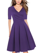 Load image into Gallery viewer, Spring Pure Blue Purple Ruffle V Neck Dress Half Sleeve Knee Length Office Ladies Casual Work A-Line Pleated Dresses Vestidos
