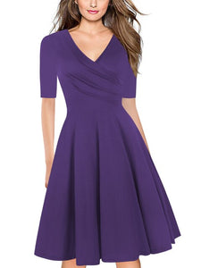 Spring Pure Blue Purple Ruffle V Neck Dress Half Sleeve Knee Length Office Ladies Casual Work A-Line Pleated Dresses Vestidos