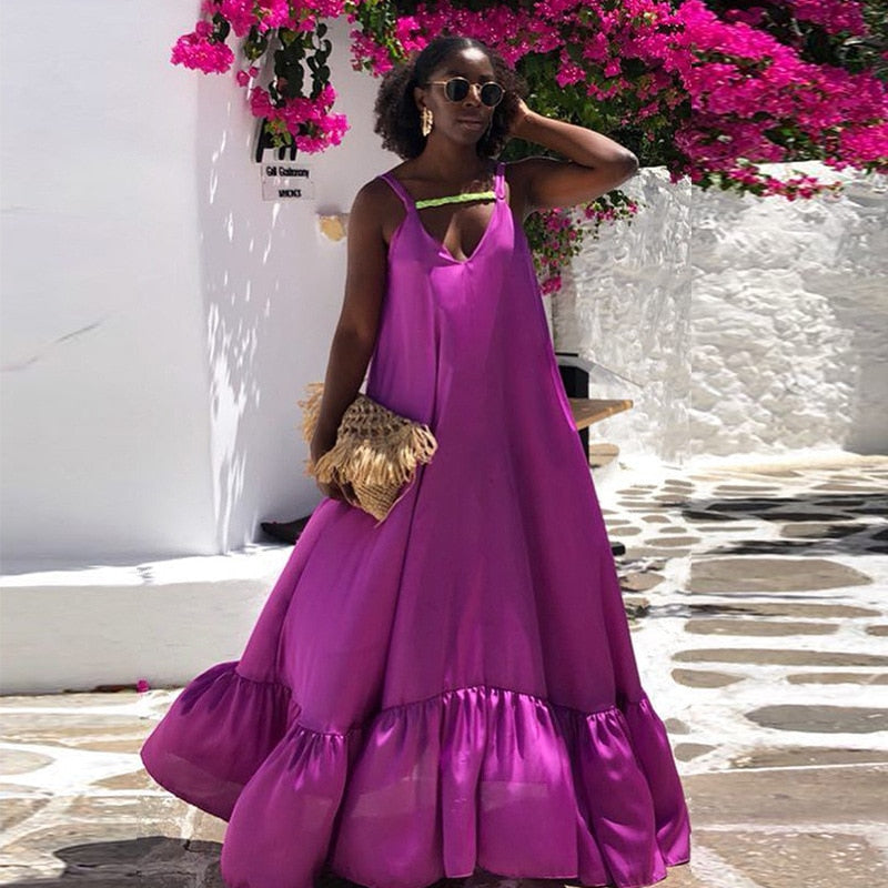 Summer Spring Beach Holiday V-Neck Backless purple Ruffles Cakes Solid Elegant Women Lady Dress