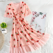 Load image into Gallery viewer, 2020 Summer Women Strawberry Dresses Emrbodiery Strawberry Lady Mesh Dress Femme Sequins Pink Mesh Dresses
