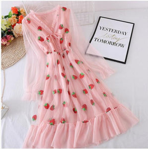 2020 Summer Women Strawberry Dresses Emrbodiery Strawberry Lady Mesh Dress Femme Sequins Pink Mesh Dresses