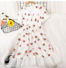 Load image into Gallery viewer, 2020 Summer Women Strawberry Dresses Emrbodiery Strawberry Lady Mesh Dress Femme Sequins Pink Mesh Dresses
