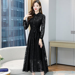 2021 Plus Size Elegant Pink Midi Dress Autumn Winter Vintage Solid Casual Chiffon Maxi Dress Women Bodycon Party Black Vestidos