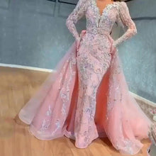 Load image into Gallery viewer, Fashion Pink Lace Evening Party Dresses Lady Sexy V Neck Engagement Robe Elegant Log Sleeved Mermaid Wedding Vestido for Brides
