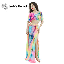 Load image into Gallery viewer, Professional Belly Dance Costume Set Women Sexy Stage Show Outfit Competition Suit Loose Top Long Skirt Floral Tie Dye Green

