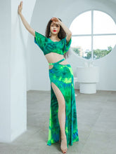 Load image into Gallery viewer, Professional Belly Dance Costume Set Women Sexy Stage Show Outfit Competition Suit Loose Top Long Skirt Floral Tie Dye Green
