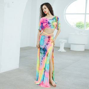 Professional Belly Dance Costume Set Women Sexy Stage Show Outfit Competition Suit Loose Top Long Skirt Floral Tie Dye Green