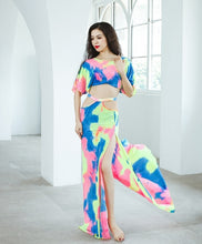 Load image into Gallery viewer, Professional Belly Dance Costume Set Women Sexy Stage Show Outfit Competition Suit Loose Top Long Skirt Floral Tie Dye Green
