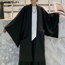 Load image into Gallery viewer, 2022 Men Cardigan Open Stitch Loose Long Sleeve Streetwear Jackets Retro Punk Solid Color Long Coats Mens Cloak Capes INCERUN
