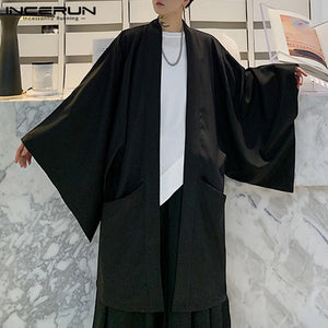 2022 Men Cardigan Open Stitch Loose Long Sleeve Streetwear Jackets Retro Punk Solid Color Long Coats Mens Cloak Capes INCERUN