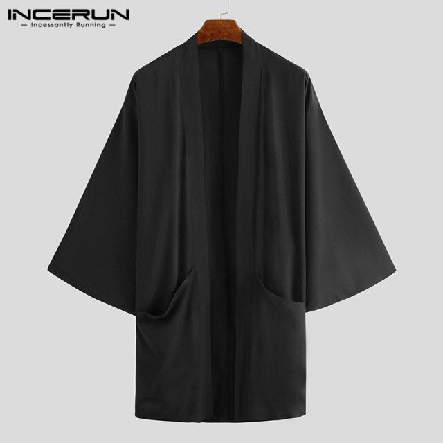 2022 Men Cardigan Open Stitch Loose Long Sleeve Streetwear Jackets Retro Punk Solid Color Long Coats Mens Cloak Capes INCERUN