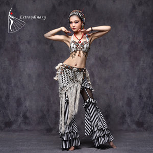 Tribal Belly Dance Costumes Vintage Coins Bra Tassel Belt Pants Women Tribal Top Clothes 3pcs Set Outfit Sexy Embroid Gypsy