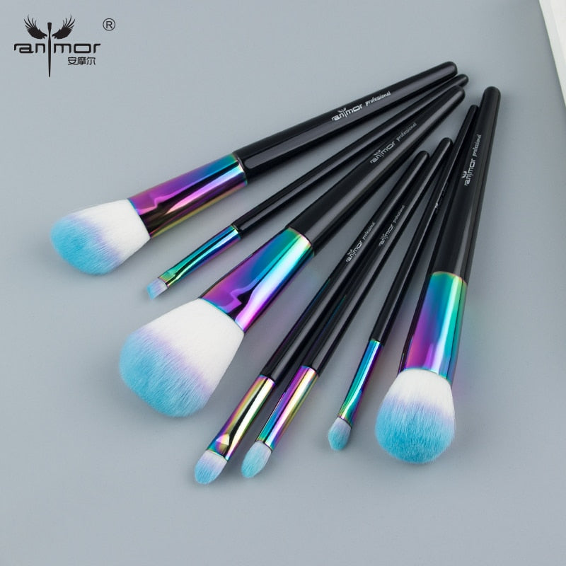 Anmor 7PCS Rainbow Makeup Brushes Set Professional Make up Brush For Face Eyes Makeup Full Size Copper Handle