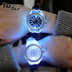 led Flash Luminous Watch Personality trends students lovers jellies woman men's watches 7 color light WristWatch