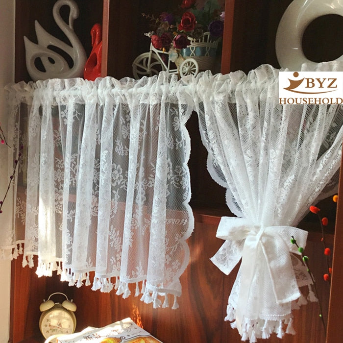 Short Tulle Curtains for Kitchen Finished White Floating Tulle Sheer Yarn Curtain Rod Pocket for Cabinets Short Curtain for Cafe